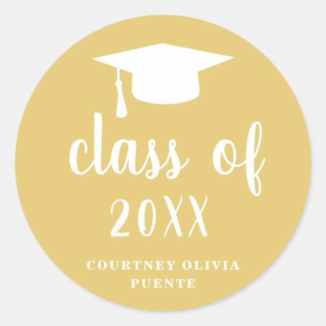 Simple Classic Gold and White Graduation Cap Classic Round Sticker (Front)