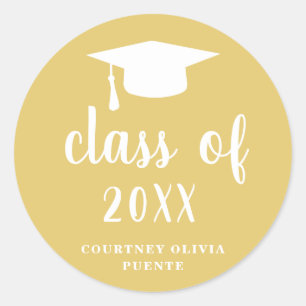 Simple Classic Gold and White Graduation Cap Round Sticker