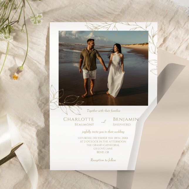 Simple Classic Gold Greenery Wedding Photo Invitation (Creator Uploaded)