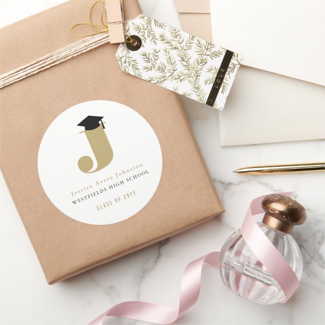 Simple Classic Grad Monogram Modern Graduation Cap Classic Round Sticker (Gifting)