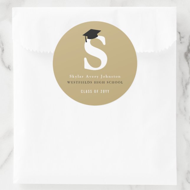 Simple Classic Grad Monogram Modern Graduation Cap Round Sticker (Bag)
