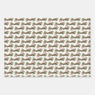 Simple classic greenery and red holly berries wrapping paper sheet