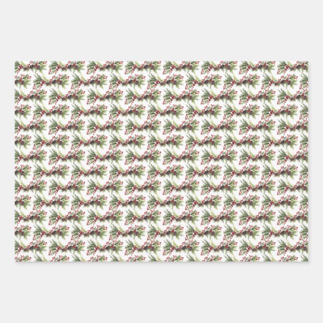 Simple classic greenery and red holly berries wrapping paper sheet (Front)