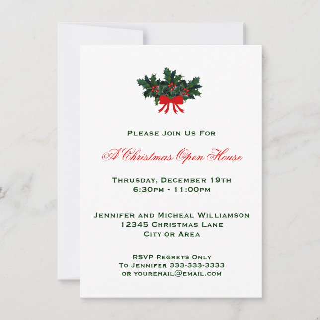 Simple Classic Holly Christmas Open House or Party Invitation (Front)