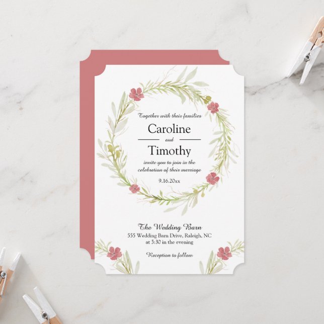 Simple Classic Leafy Floral Wreath Wedding Invitation (Front/Back In Situ)