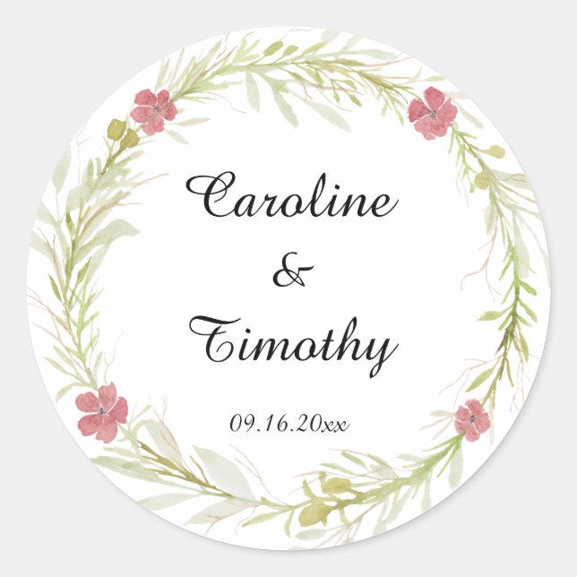 Simple Classic Leafy Floral Wreath Wedding Round Sticker (Front)