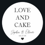 Simple Classic LOVE AND CAKE Heart Wedding Favour Classic Round Sticker<br><div class="desc">A Classic Black Thank You Wedding Sticker featuring "Love and Cake" in a classic modern elegant font. 
You can easily personalised it with your names and wedding date.</div>