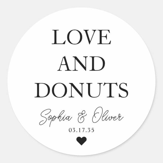 Simple Classic LOVE DONUTS Heart Wedding Favour Classic Round Sticker (Front)