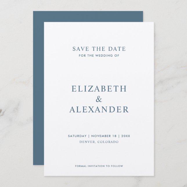 Simple Classic Minimalist Dusty Blue Wedding Save The Date (Front/Back)
