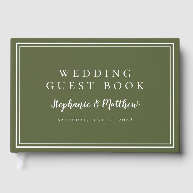 Simple Classic Modern Wedding Olive Green & White  Guest Book (Front)