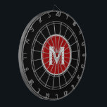 Simple Classic Monogram Black Red Dartboard<br><div class="desc">Modern black dart board with simple red monogram medallion with classic block typography initial in white. Personalise with monogram initial; use customise menu to change background colour or typography.</div>