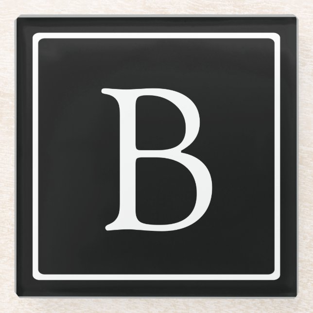 Simple Classic Monogram | Black w/ White Text Glass Coaster (Front)