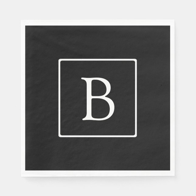 Simple Classic Monogram | Black w/ White Text Napkin (Front)
