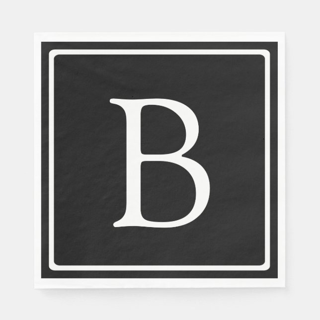 Simple Classic Monogram | Black w/ White Text Napkin (Front)