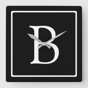 Simple Classic Monogram   Black w/ White Text Square Wall Clock