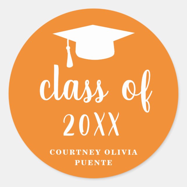 Simple Classic Orange and White Graduation Cap Classic Round Sticker (Front)