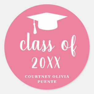 Simple Classic Pink and White Graduation Cap Round Sticker