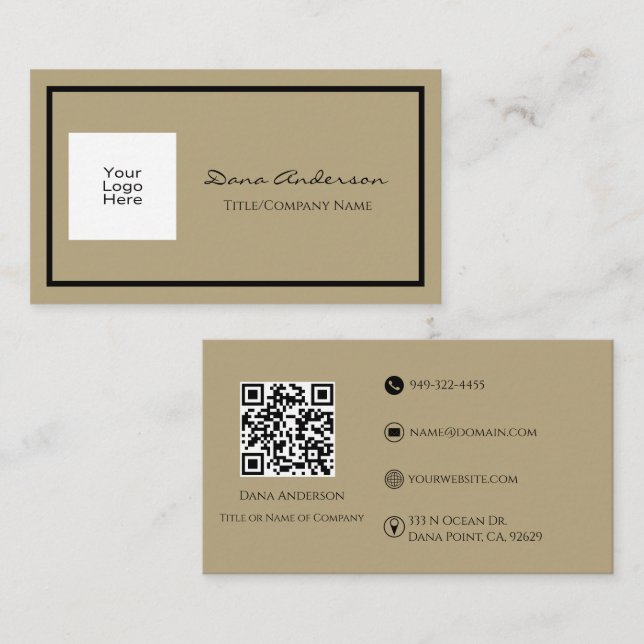 Simple Classic QR code Black and Tan Business Card (Front/Back)
