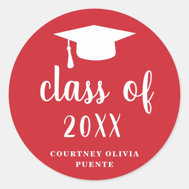 Simple Classic Red and White Graduation Cap Classic Round Sticker (Front)