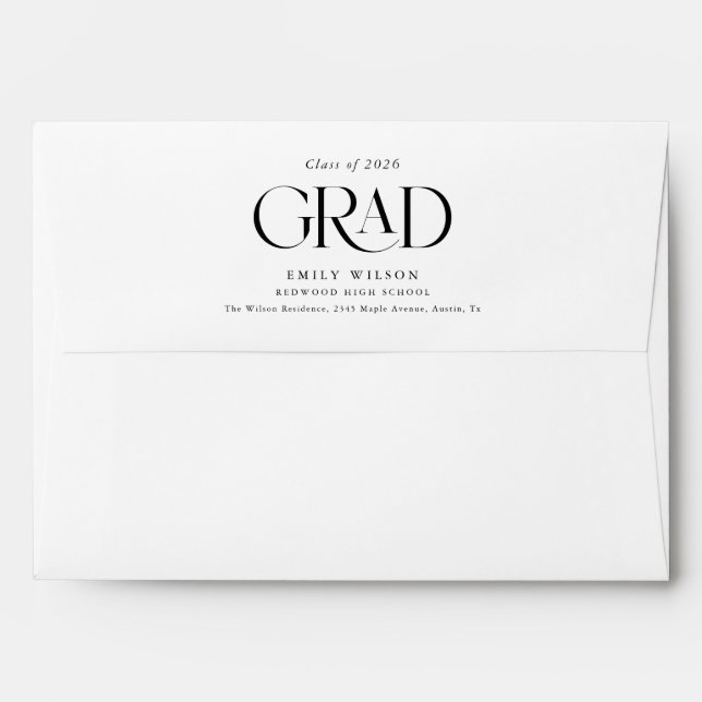 Simple Classic Script Black and White Graduation Envelope (Back (Top Flap))