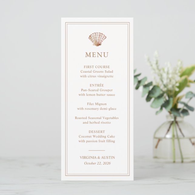 Simple Classic Seashell Beach Wedding Menu (Standing Front)