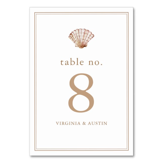 Simple Classic Seashell Beach Wedding Table Number (Front)