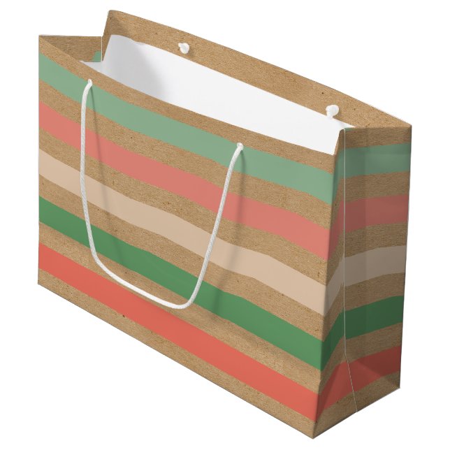 Simple Classic Stripes Pattern On Faux Brown Kraft Large Gift Bag (Front Angled)