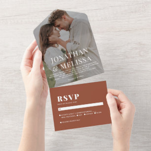 Simple Classic Terracotta Photo Overlay Wedding All In One Invitation