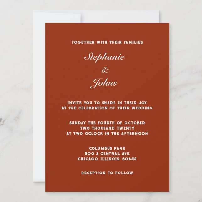 Simple Classic Terracotta Warm Earth Colour Weddin Invitation (Front)