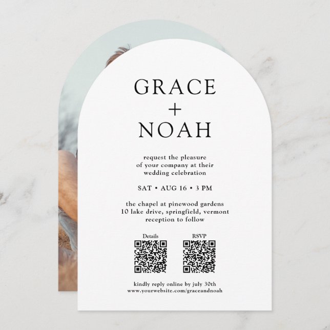 Simple Classic Typography Photo & QR RSVP Wedding Invitation (Front/Back)