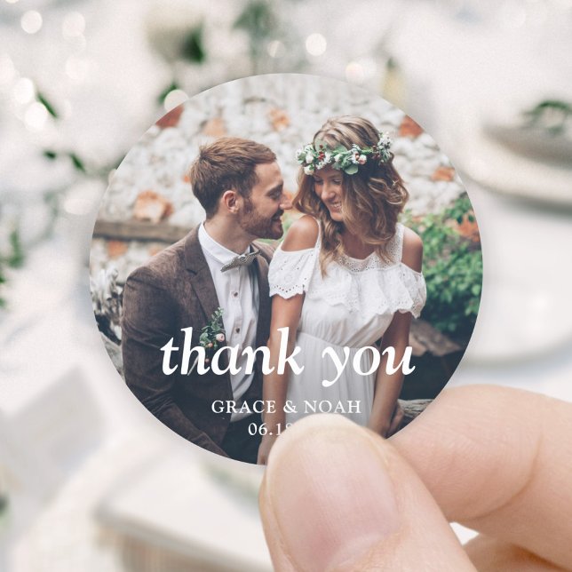 Simple Classic Typography Photo Wedding Thank You Round Sticker (Creator Uploaded)