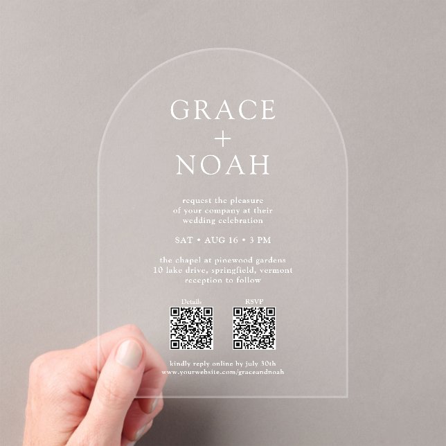 Simple Classic Typography QR RSVP Wedding Arch Acrylic Invitations (Insitu (Handheld))