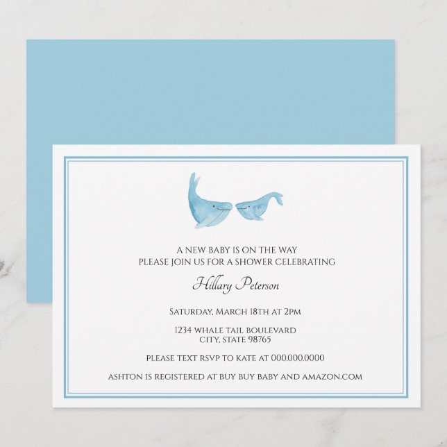 Simple Classic Watercolor Whale Blue baby Shower Invitation (Front/Back)