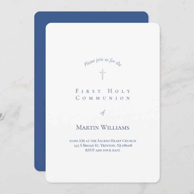 simple classic white and blue First Communion boy Invitation (Front/Back)