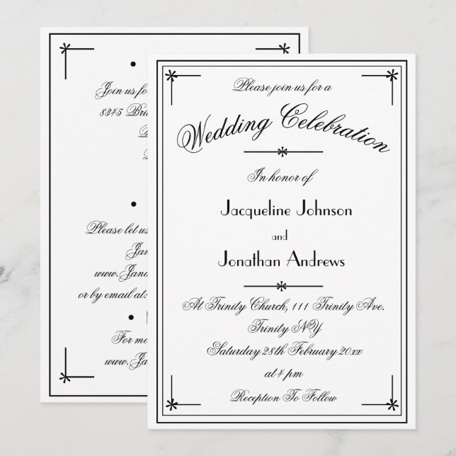 Simple Classic White & Black All In One Wedding Invitation (Front/Back)