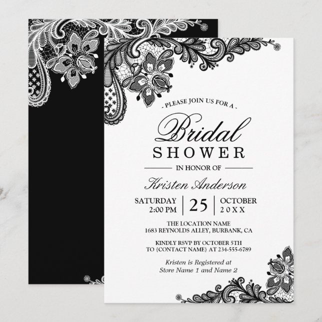 Simple Classy Chic Black White Lace Bridal Shower Invitation (Front/Back)