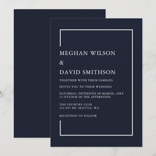 Simple Classy Elegant Navy Modern Wedding Invitation (Front/Back)