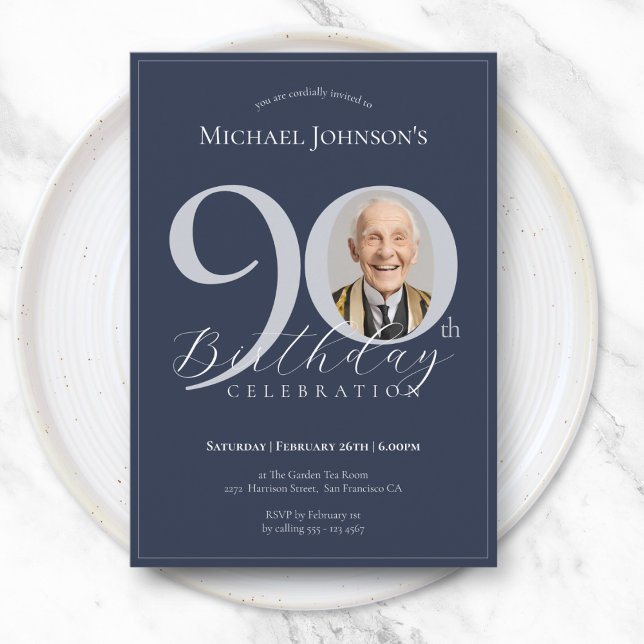Simple Classy Navy Blue Silver Photo 90th Birthday Invitation (Simple Classy Navy Blue Silver Photo 90th Birthday Invitation)