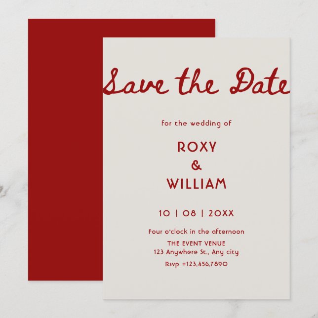 Simple classy red wedding save the date (Front/Back)