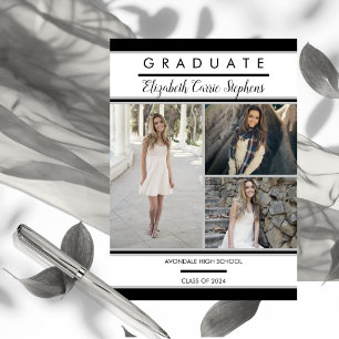 Simple Classy Three Photo Black White Graduation Announcement