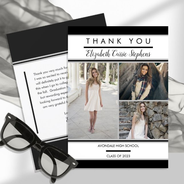 Simple Classy Three Photo Black | White Graduation Thank You Card (Creator Uploaded)
