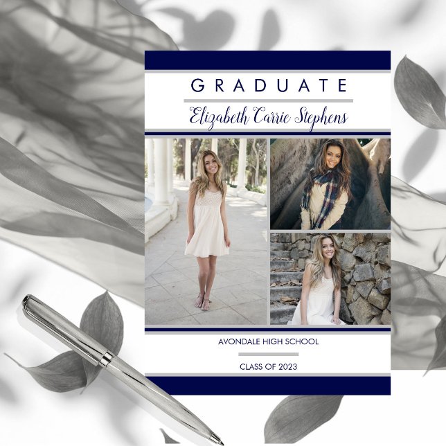 Simple Classy Three Photo Blue |White Graduation (Creator Uploaded)