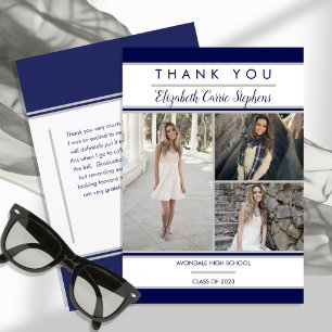 Simple Classy Three Photo Blue   White Graduation Thank You Card