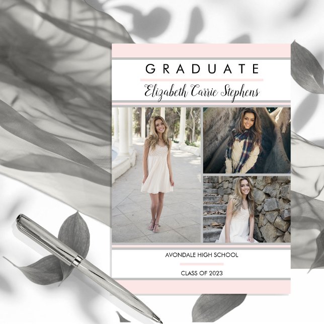 Simple Classy Three Photo Blush Pink Graduation (Creator Uploaded)