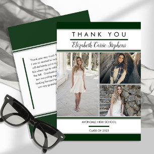 Simple Classy Three Photo Green White Graduation Thank You Card