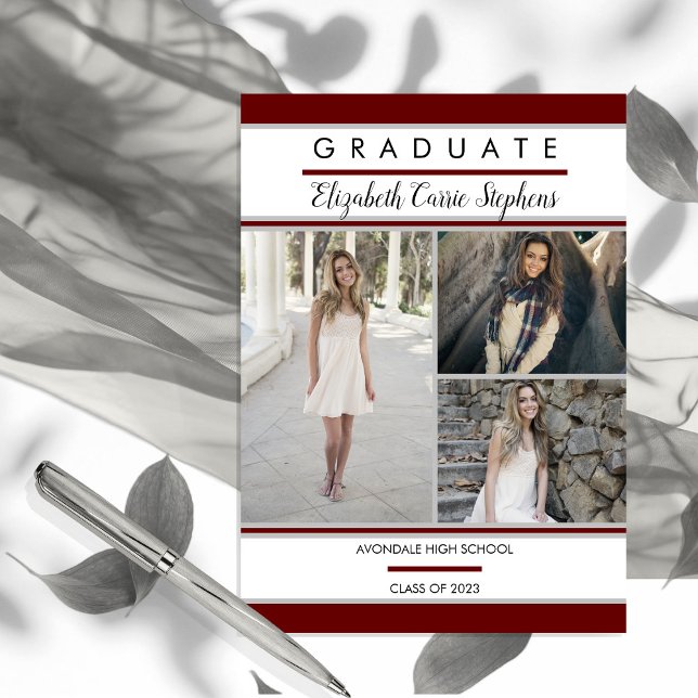Simple Classy Three Photo Maroon |White Graduation (Creator Uploaded)