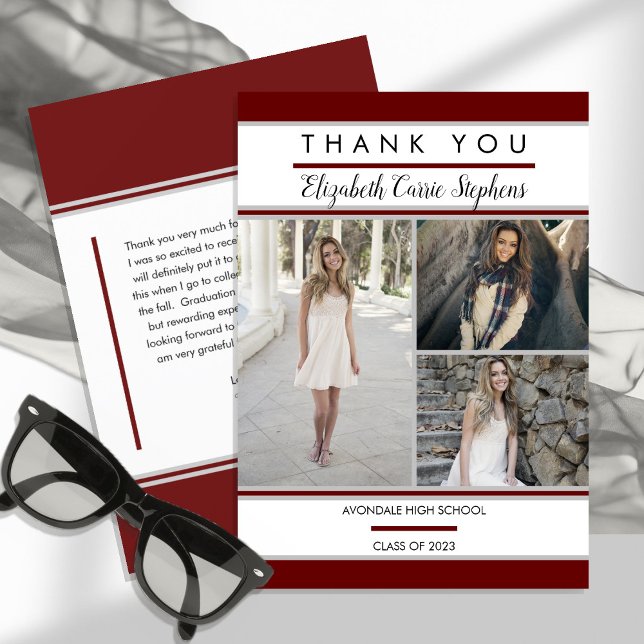 Simple Classy Three Photo Maroon |White Graduation Thank You Card (Creator Uploaded)