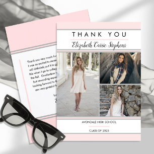 Simple Classy Three Photo Pink   White Graduation Thank You Card