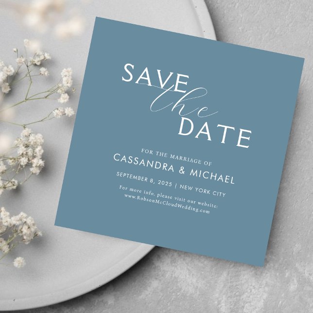 Simple Clean Dusty Blue & White Script Wedding Save The Date (Creator Uploaded)