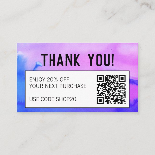 Simple Clean Minimal Abstract Watercolor QR CODE Discount Card (Front)